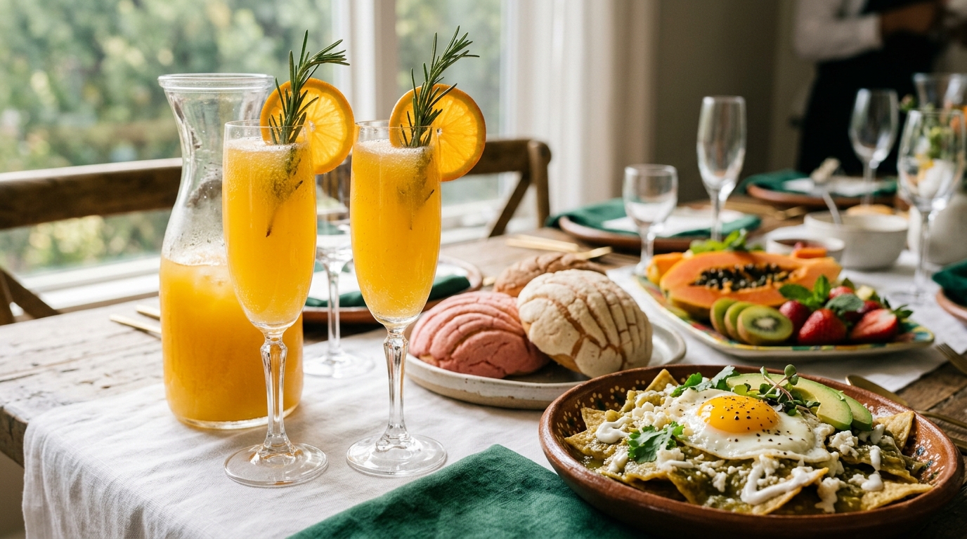 Banquete de Desayuno Matutino con Jugo de Naranja y Mimosas